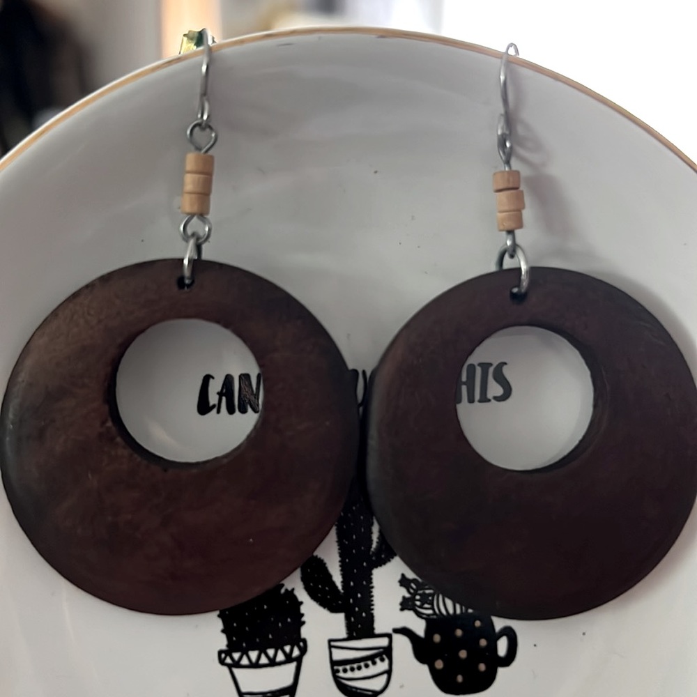 Brown Wooden Circular Earrings